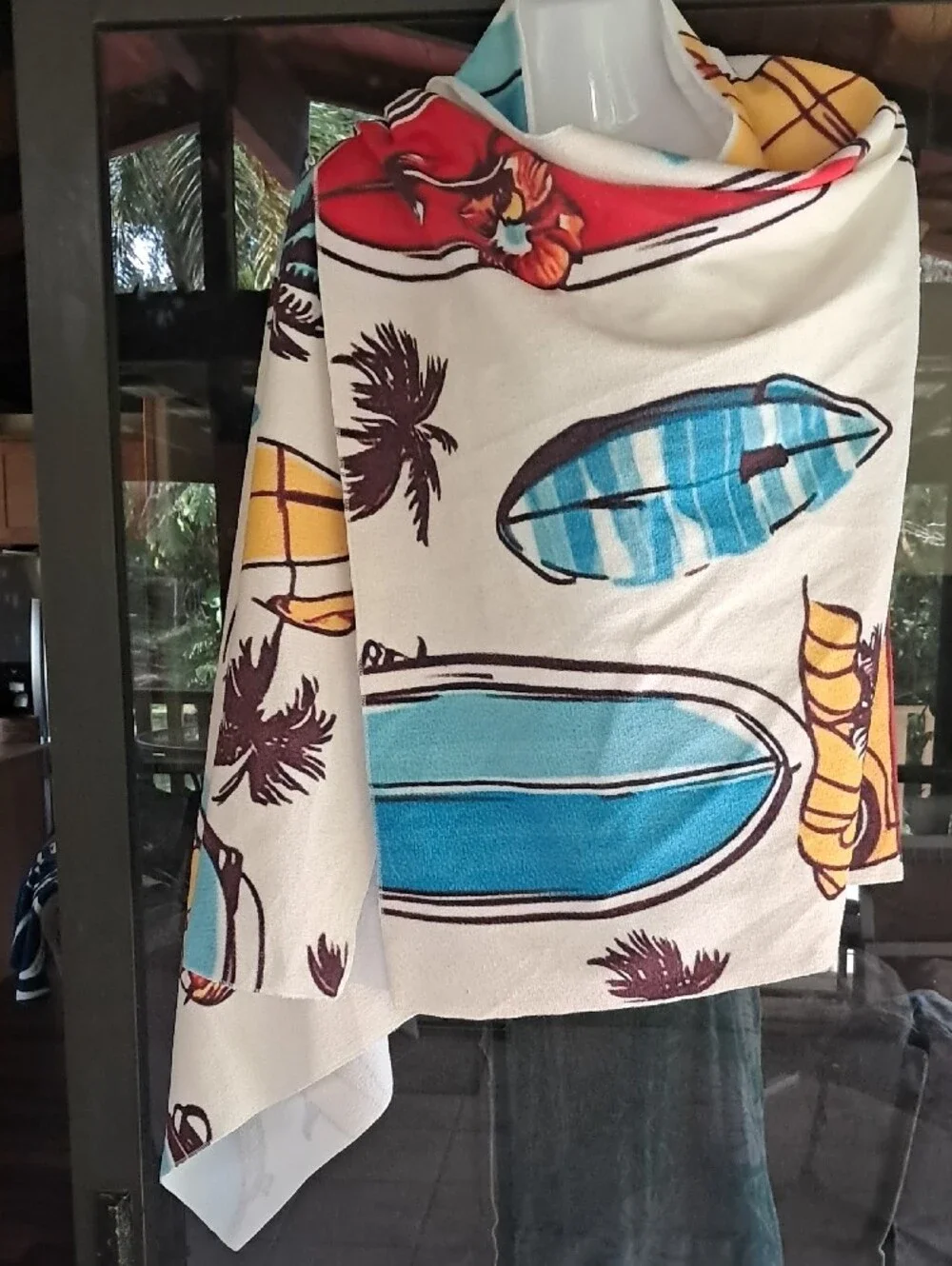 Tropical Surfboard & Van Beach Towel - White with Blue, Yellow, Red